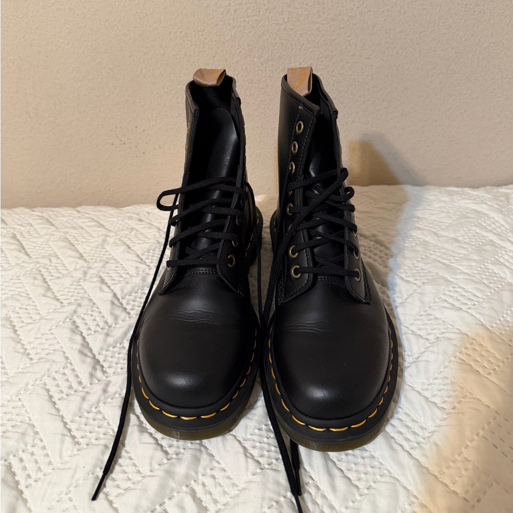 Dr. Martens Black Lace-Up Combat Boots with Yellow Stitching